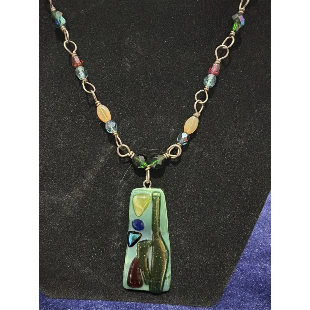 Vintage necklace Glass Murano Style glass Beaded Sterling silver 15